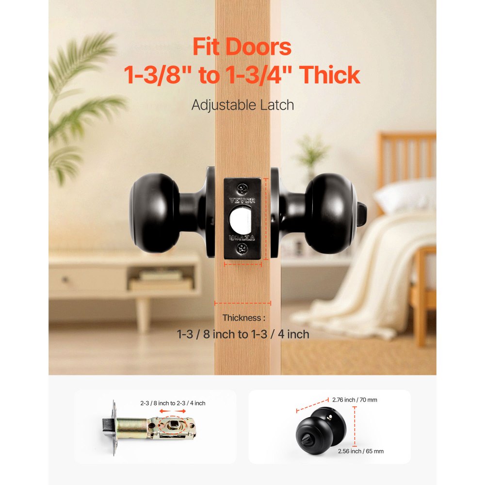 VEVOR 6 Pack Black Door Knobs, Privacy Door Knob with Round Ball, Keyless Exterior & Thumb Turn Lock Interior, All Metal Doorknobs Hardware, Matte Black Modern Design for Bedroom & Bathroom