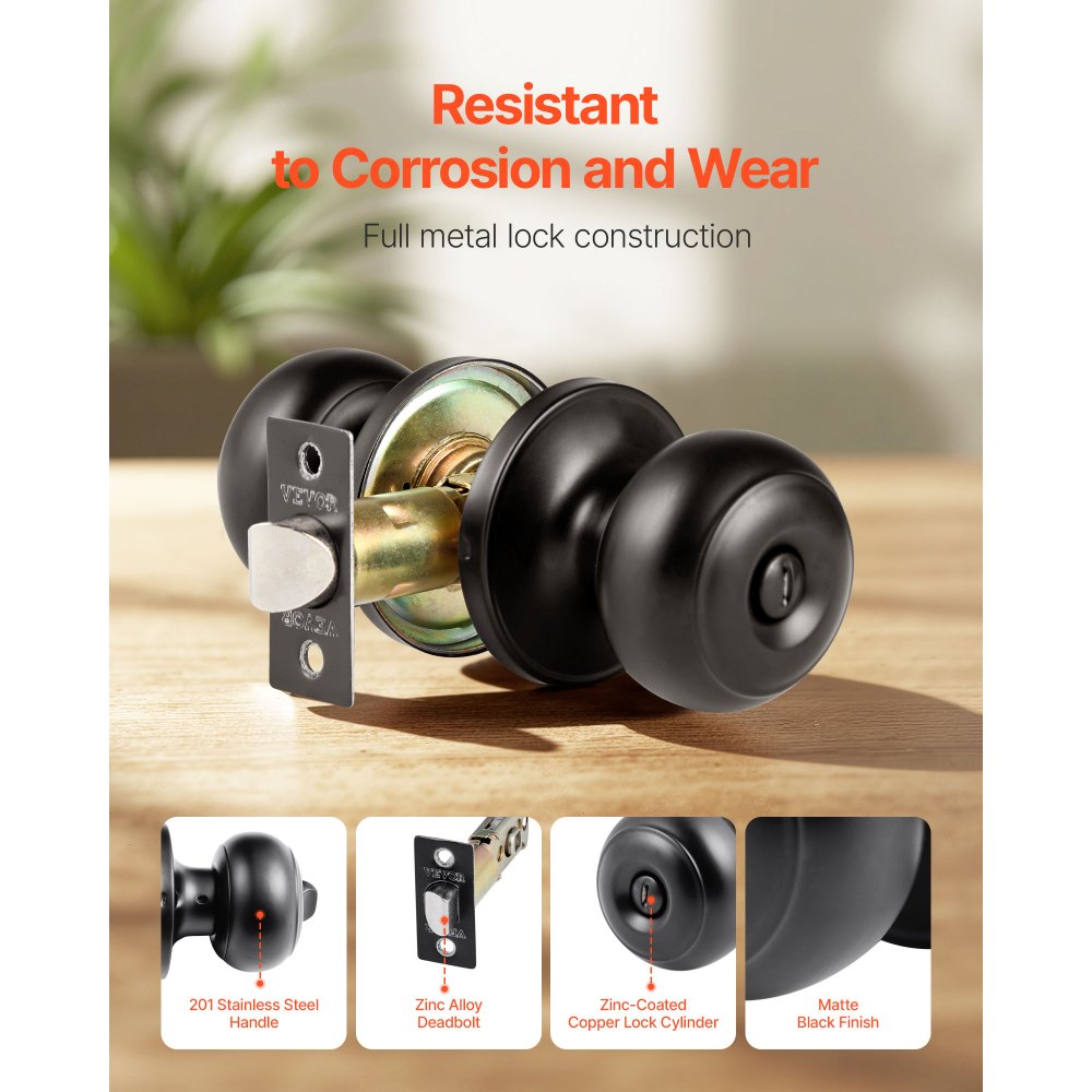 VEVOR 6 Pack Black Door Knobs, Privacy Door Knob with Round Ball, Keyless Exterior & Thumb Turn Lock Interior, All Metal Doorknobs Hardware, Matte Black Modern Design for Bedroom & Bathroom