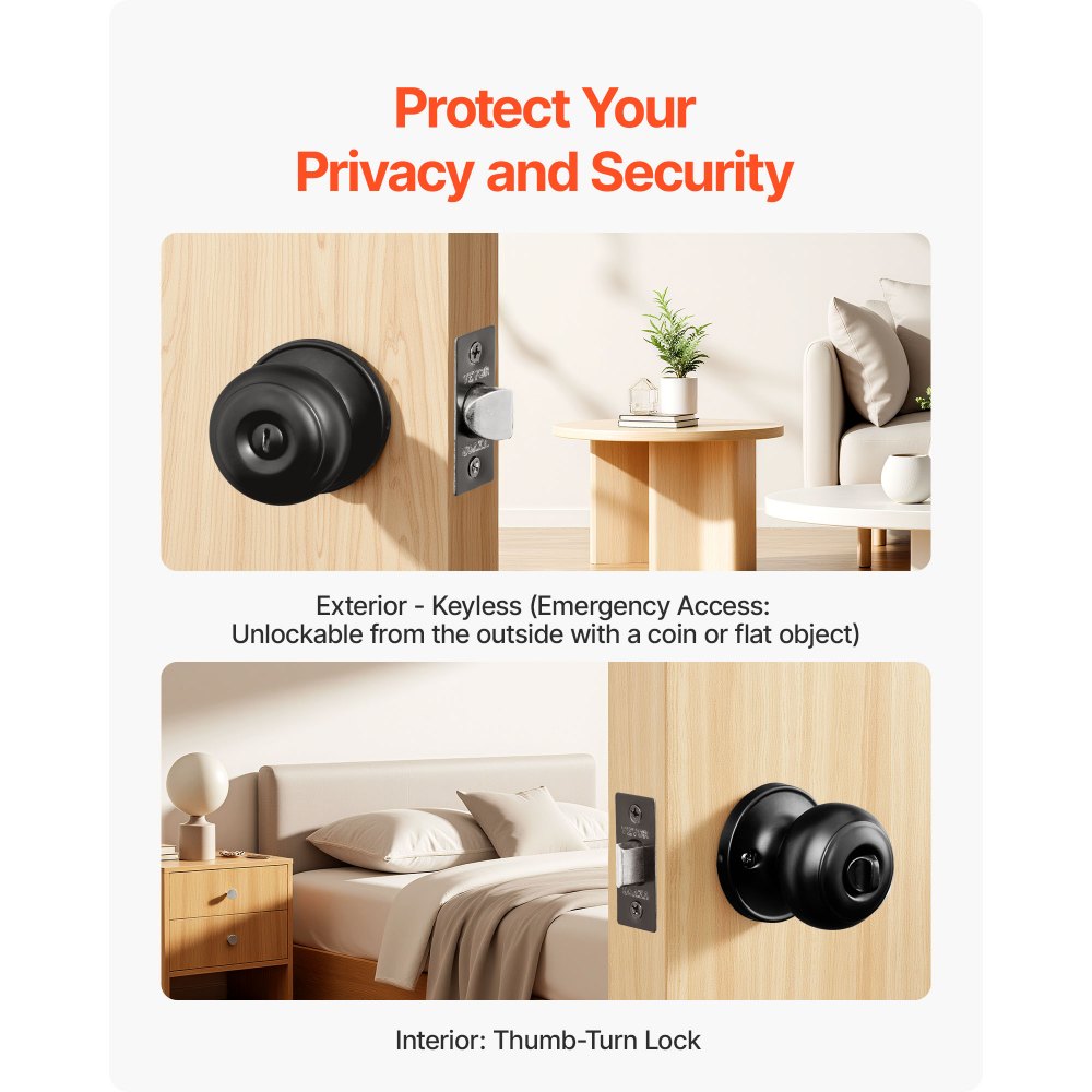 VEVOR 6 Pack Black Door Knobs, Privacy Door Knob with Round Ball, Keyless Exterior & Thumb Turn Lock Interior, All Metal Doorknobs Hardware, Matte Black Modern Design for Bedroom & Bathroom