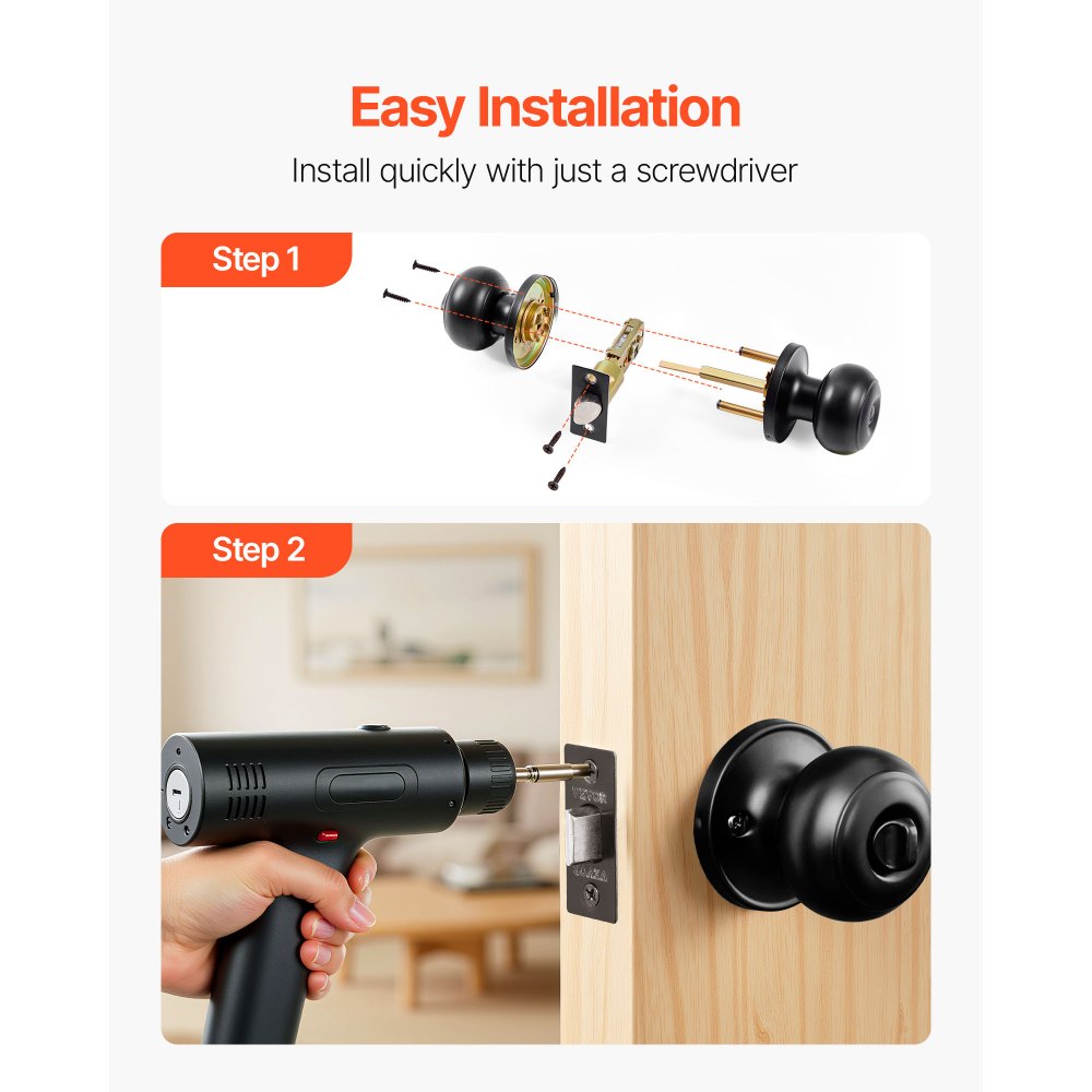 VEVOR 6 Pack Black Door Knobs, Privacy Door Knob with Round Ball, Keyless Exterior & Thumb Turn Lock Interior, All Metal Doorknobs Hardware, Matte Black Modern Design for Bedroom & Bathroom