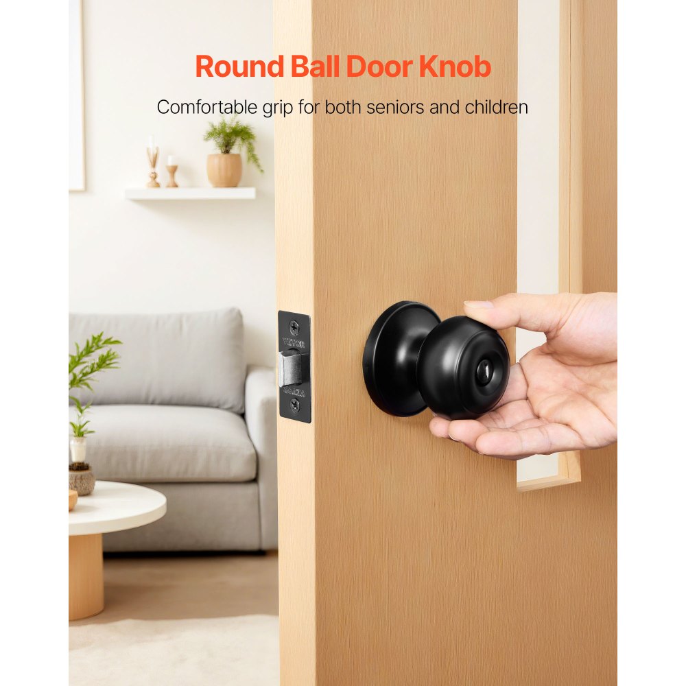 VEVOR 6 Pack Black Door Knobs, Privacy Door Knob with Round Ball, Keyless Exterior & Thumb Turn Lock Interior, All Metal Doorknobs Hardware, Matte Black Modern Design for Bedroom & Bathroom