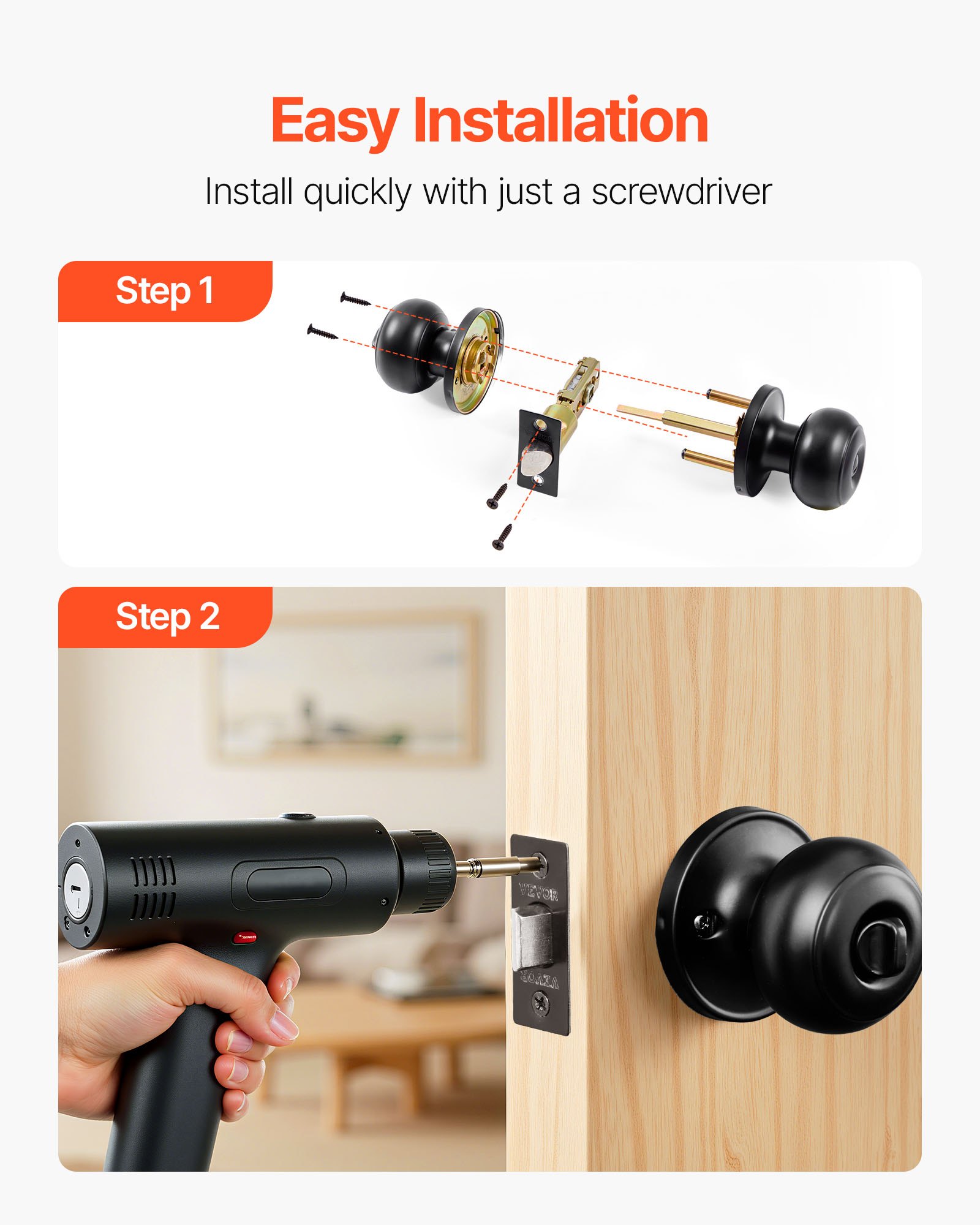 VEVOR 6 Pack Black Door Knobs, Privacy Door Knob with Round Ball, Keyless Exterior & Thumb Turn Lock Interior, All Metal Doorknobs Hardware, Matte Black Modern Design for Bedroom & Bathroom