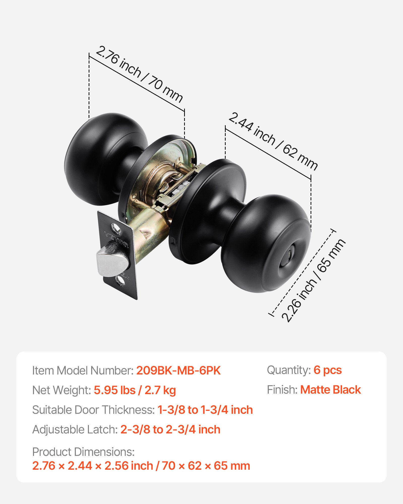 VEVOR 6 Pack Black Door Knobs, Privacy Door Knob with Round Ball, Keyless Exterior & Thumb Turn Lock Interior, All Metal Doorknobs Hardware, Matte Black Modern Design for Bedroom & Bathroom