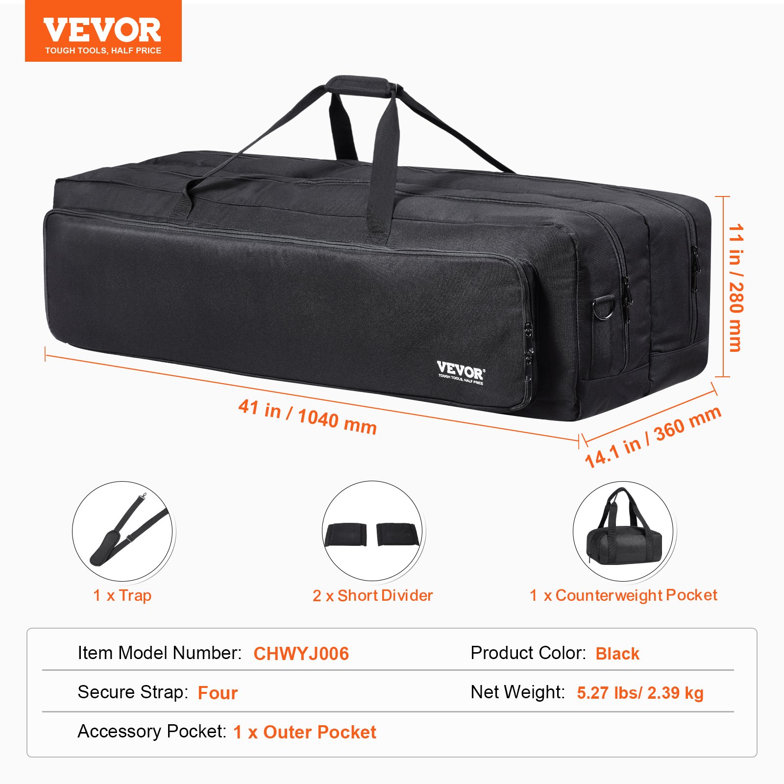 VEVOR Telescope Case, 1040 mm, Telescope Large Storage Bag with Fixed Buckles, Multi-Pocket & Detachable Divider, Shock-Absorbent Telescope Carrying Bag for Optical Tube & Tripod, Counterweight Pocket