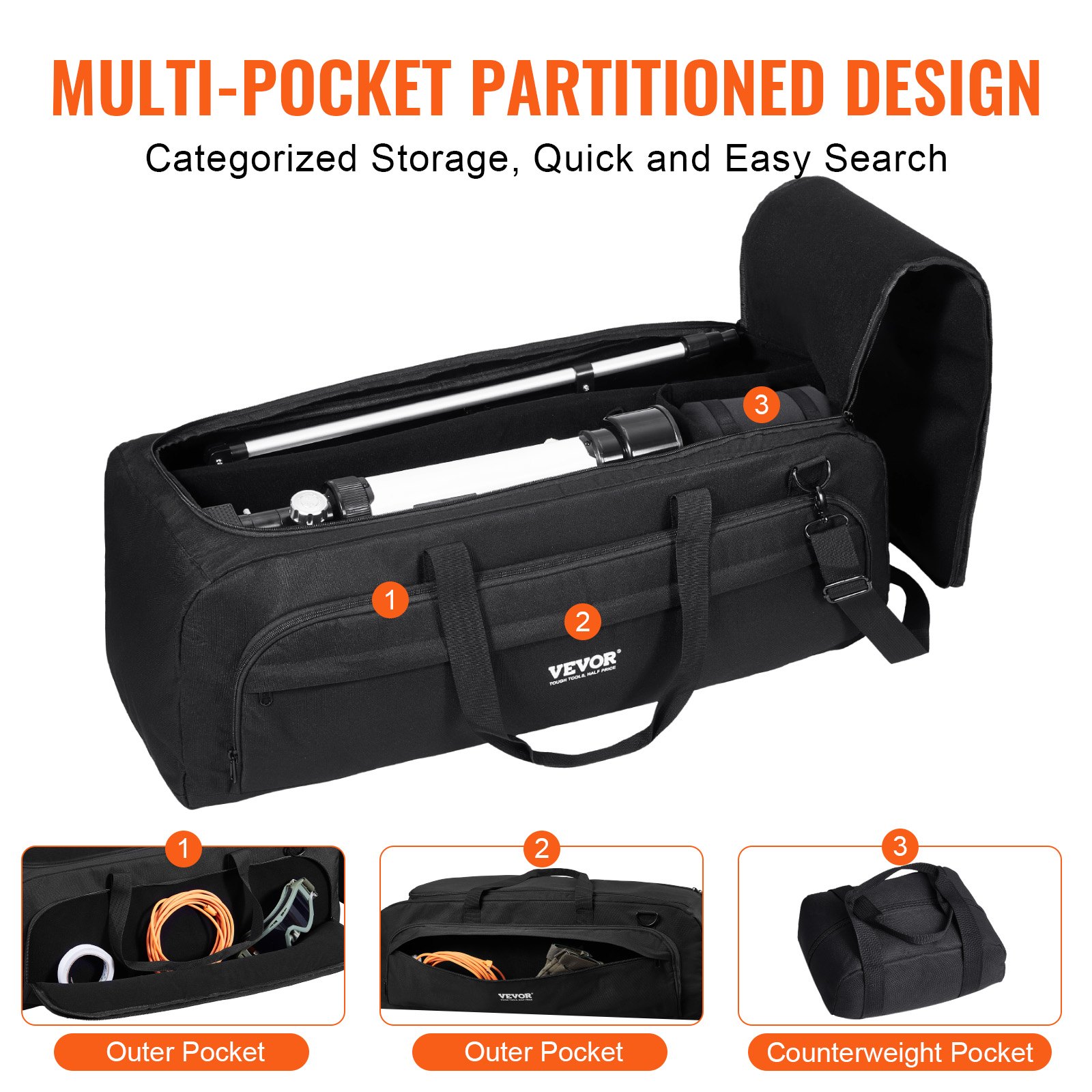 VEVOR Telescope Case, 770 mm, Telescope Storage Bag with Fixed Buckles, Multi-Pocket and Detachable Divider, Shock-Absorbent Telescope Carrying Case for Optical Tube & Tripod, Counterweight Pocket