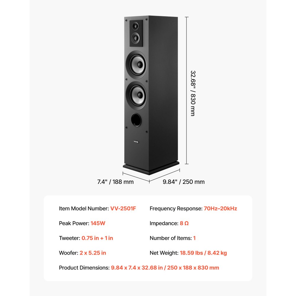 VEVOR Floorstanding Speaker, 3-Way, Floor-Standing Tower Speaker with 0.75 in & 1 in Tweeter, Dual 5.25 in Woofers, 145W Peak, 70Hz–20kHz Frequency Response, MDF Enclosure, for Home Audio, Single