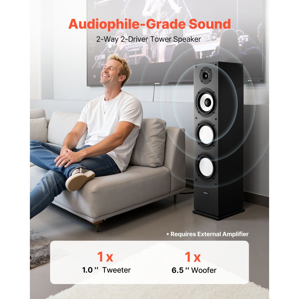 VEVOR Passive Floorstanding Speaker, 2-Way, Floor-Standing Tower Speaker with 25.4 mm Tweeter, 165.1 mm Woofer, 200W Peak Power, 70Hz–20kHz Frequency Response, Durable MDF Enclosure, for Home Audio, Single