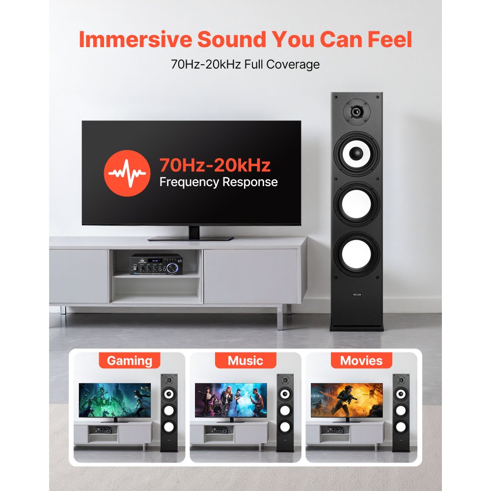 VEVOR Passive Floorstanding Speaker, 2-Way, Floor-Standing Tower Speaker with 25.4 mm Tweeter, 165.1 mm Woofer, 200W Peak Power, 70Hz–20kHz Frequency Response, Durable MDF Enclosure, for Home Audio, Single