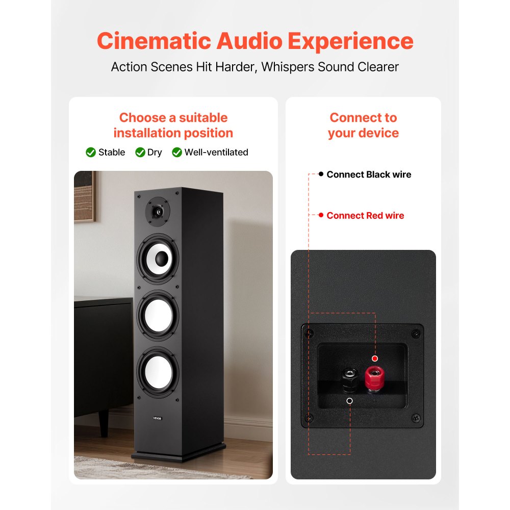VEVOR Passive Floorstanding Speaker, 2-Way, Floor-Standing Tower Speaker with 25.4 mm Tweeter, 165.1 mm Woofer, 200W Peak Power, 70Hz–20kHz Frequency Response, Durable MDF Enclosure, for Home Audio, Single