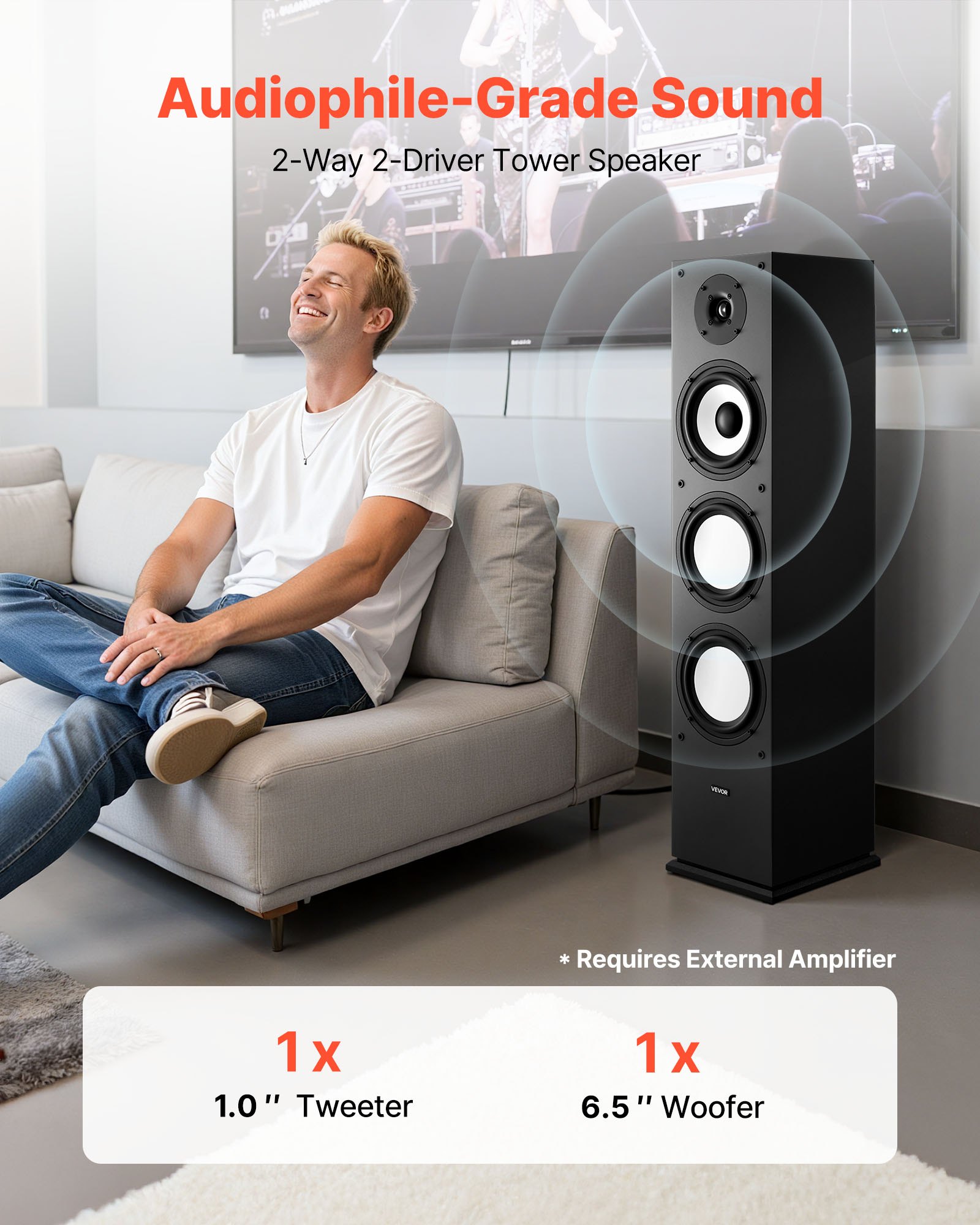 VEVOR Passive Floorstanding Speaker, 2-Way, Floor-Standing Tower Speaker with 25.4 mm Tweeter, 165.1 mm Woofer, 200W Peak Power, 70Hz–20kHz Frequency Response, Durable MDF Enclosure, for Home Audio, Single
