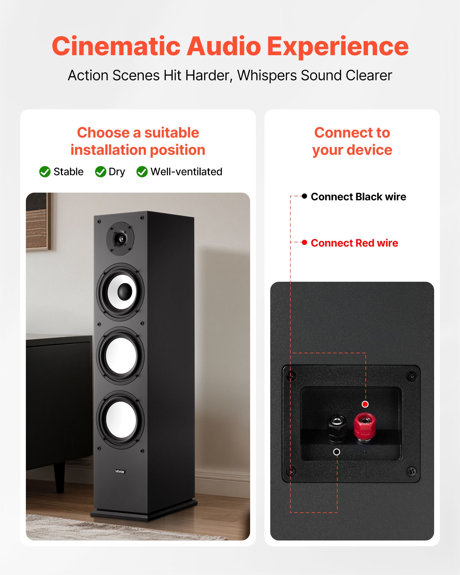 VEVOR Passive Floorstanding Speaker, 2-Way, Floor-Standing Tower Speaker with 25.4 mm Tweeter, 165.1 mm Woofer, 200W Peak Power, 70Hz–20kHz Frequency Response, Durable MDF Enclosure, for Home Audio, Single