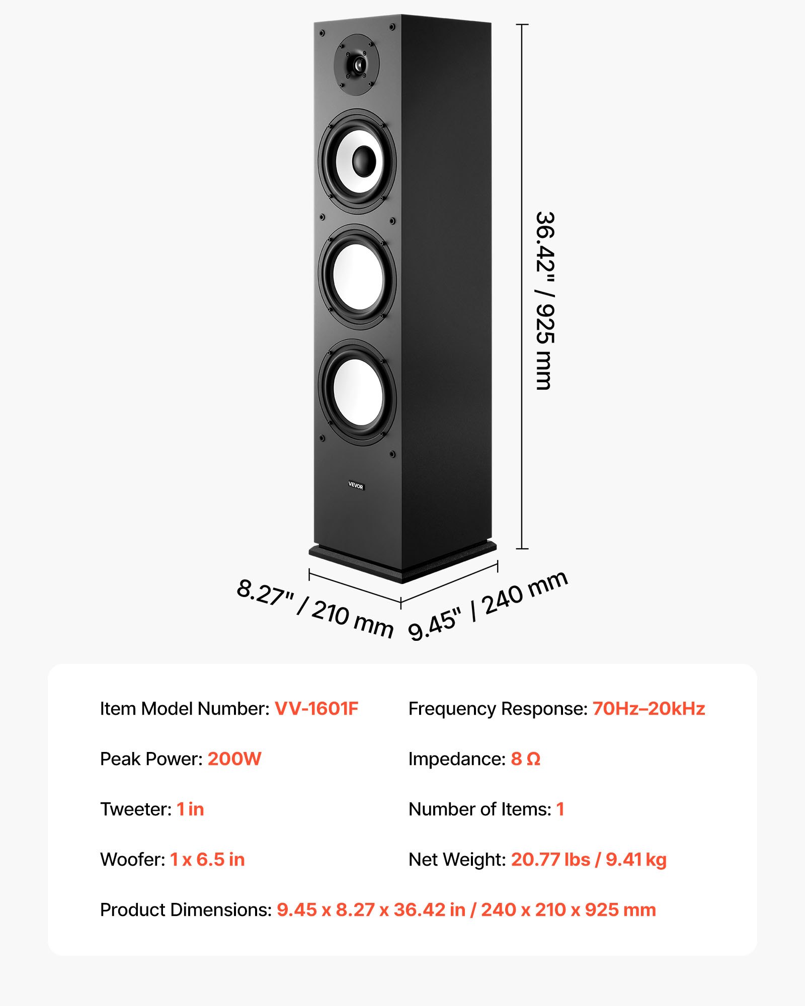 VEVOR Passive Floorstanding Speaker, 2-Way, Floor-Standing Tower Speaker with 25.4 mm Tweeter, 165.1 mm Woofer, 200W Peak Power, 70Hz–20kHz Frequency Response, Durable MDF Enclosure, for Home Audio, Single