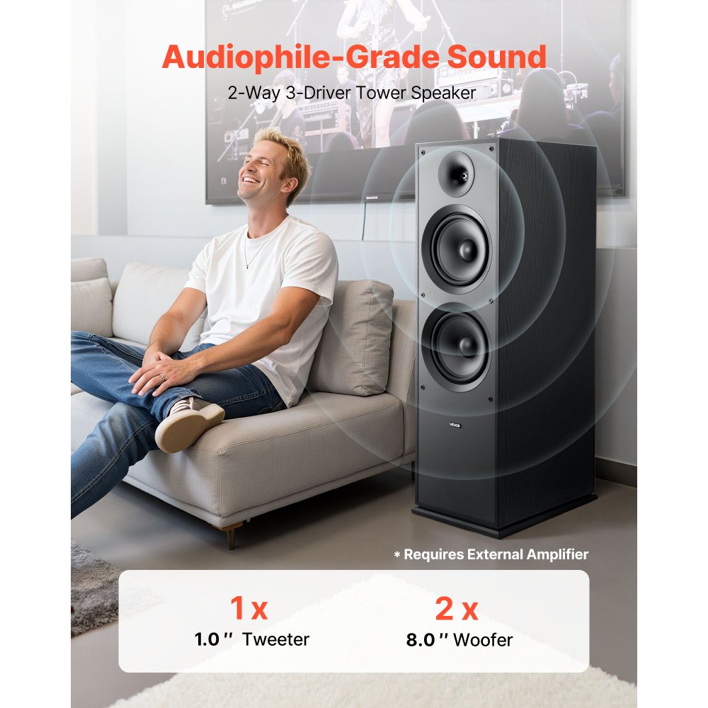 VEVOR Floorstanding Speaker, 2-Way, Floor-Standing Tower Speaker with 1-Inch Tweeter, Dual 8-Inch Woofers, 600W Peak Power, 50Hz–20kHz Frequency Response, Durable MDF Enclosure, for Home Audio, Single