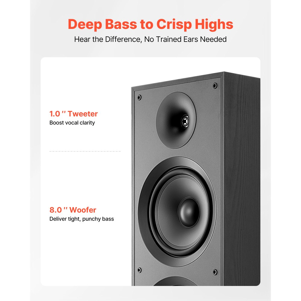 VEVOR Floorstanding Speaker, 2-Way, Floor-Standing Tower Speaker with 1-Inch Tweeter, Dual 8-Inch Woofers, 600W Peak Power, 50Hz–20kHz Frequency Response, Durable MDF Enclosure, for Home Audio, Single