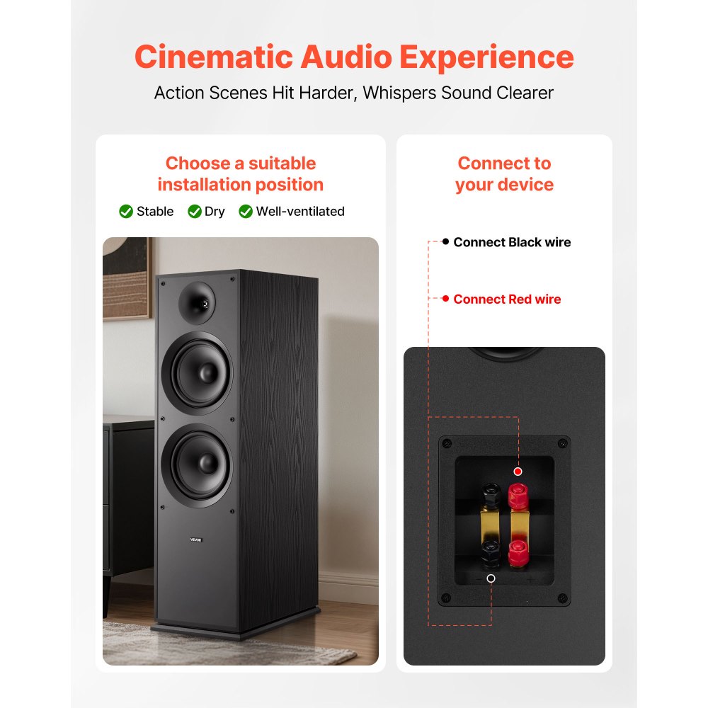 VEVOR Floorstanding Speaker, 2-Way, Floor-Standing Tower Speaker with 1-Inch Tweeter, Dual 8-Inch Woofers, 600W Peak Power, 50Hz–20kHz Frequency Response, Durable MDF Enclosure, for Home Audio, Single