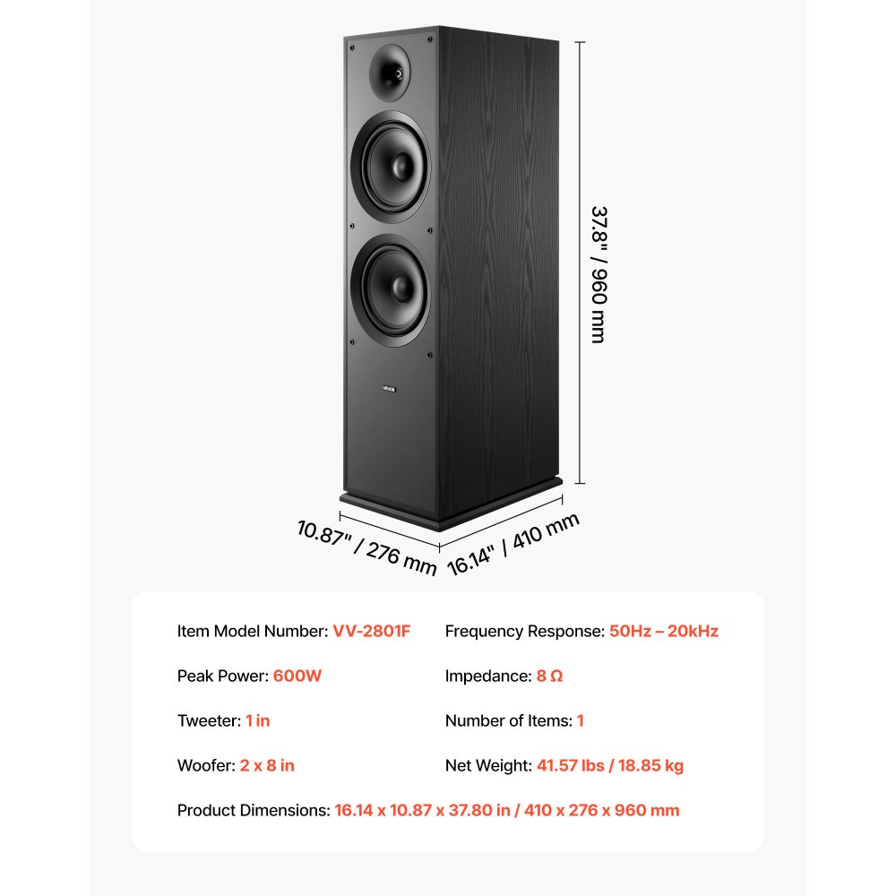 VEVOR Floorstanding Speaker, 2-Way, Floor-Standing Tower Speaker with 1-Inch Tweeter, Dual 8-Inch Woofers, 600W Peak Power, 50Hz–20kHz Frequency Response, Durable MDF Enclosure, for Home Audio, Single