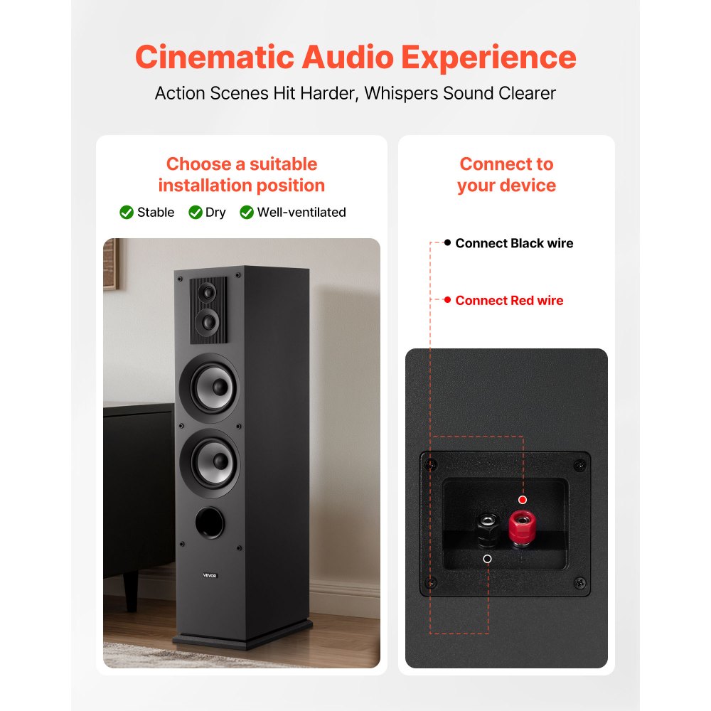 VEVOR Passive Floorstanding Speakers Pair, 3-Way, Floor-Standing Tower Speakers, 19.05 mm&25.4 mm Tweeter, Dual 133.35 mm Woofers, 145W Peak Power, 70Hz–20kHz Frequency Response, MDF Enclosure, for Home Audio