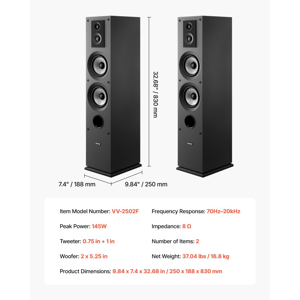 VEVOR Passive Floorstanding Speakers Pair, 3-Way, Floor-Standing Tower Speakers, 19.05 mm&25.4 mm Tweeter, Dual 133.35 mm Woofers, 145W Peak Power, 70Hz–20kHz Frequency Response, MDF Enclosure, for Home Audio