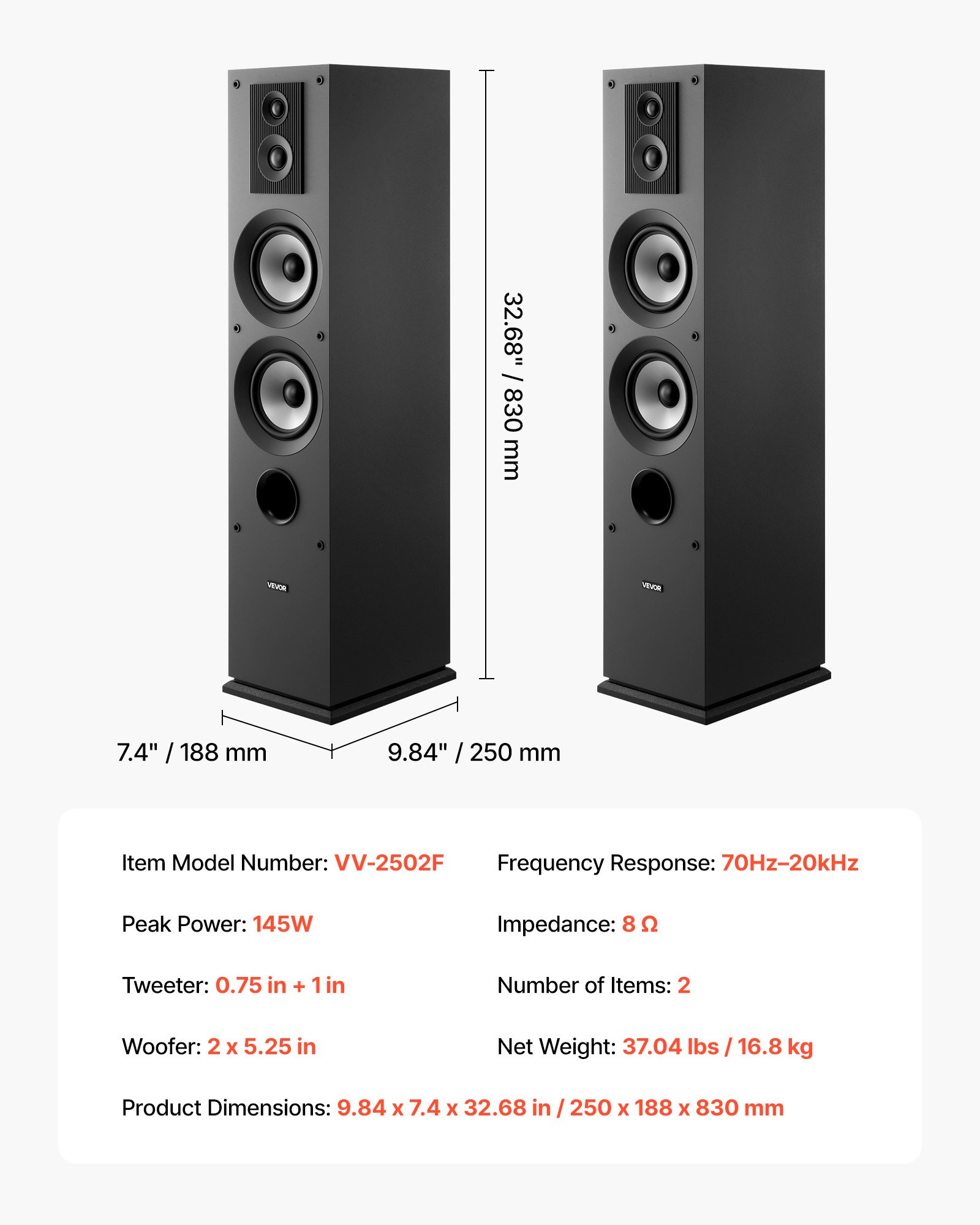 VEVOR Floorstanding Speakers Pair, 3-Way, Floor-Standing Tower Speakers, 19.05 mm&25.4 mm Tweeter, Dual 133.35 mm Woofers, 145W Peak Power, 70Hz–20kHz Frequency Response, MDF Enclosure, for Home Audio