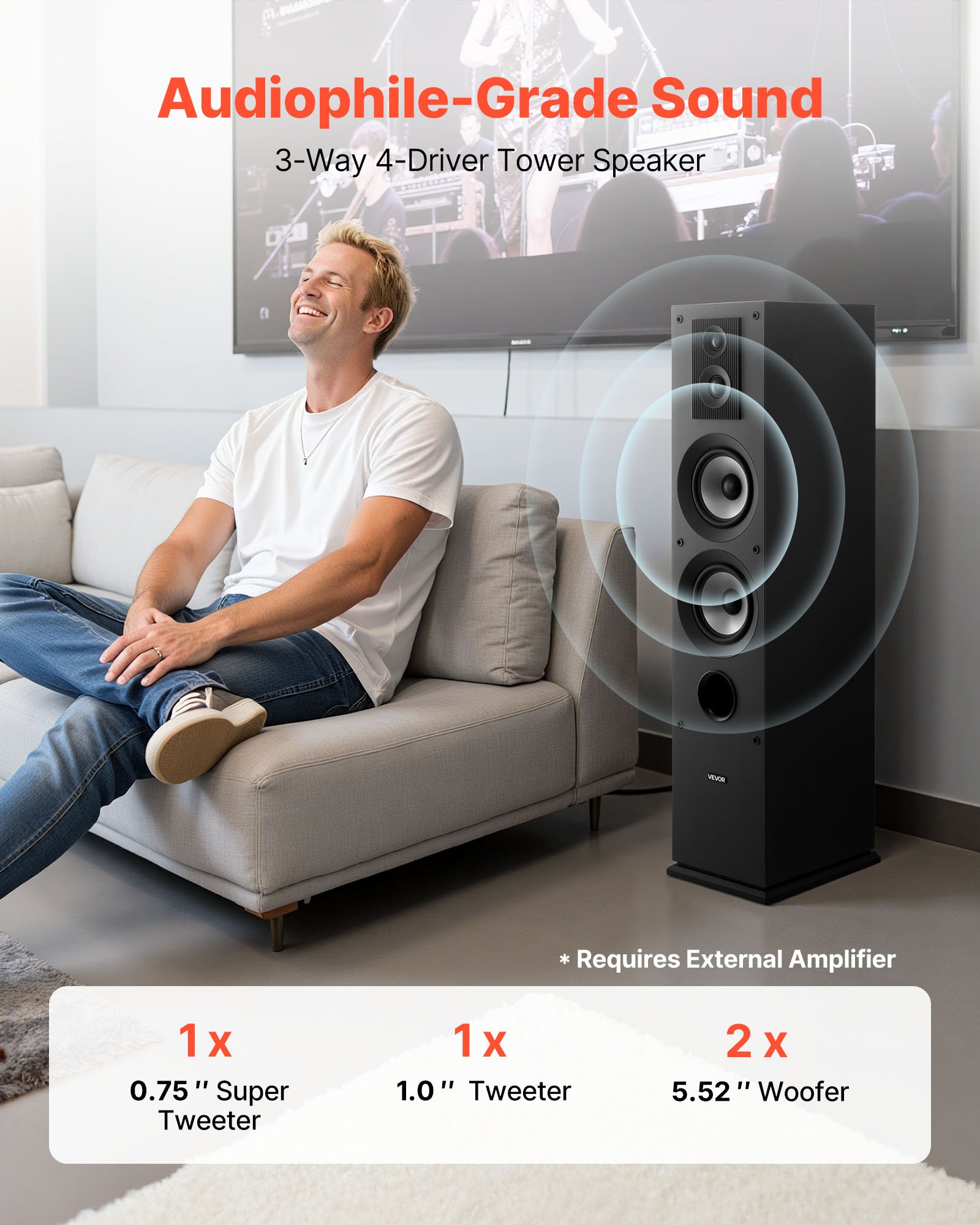 VEVOR Passive Floorstanding Speakers Pair, 3-Way, Floor-Standing Tower Speakers, 19.05 mm&25.4 mm Tweeter, Dual 133.35 mm Woofers, 145W Peak Power, 70Hz–20kHz Frequency Response, MDF Enclosure, for Home Audio