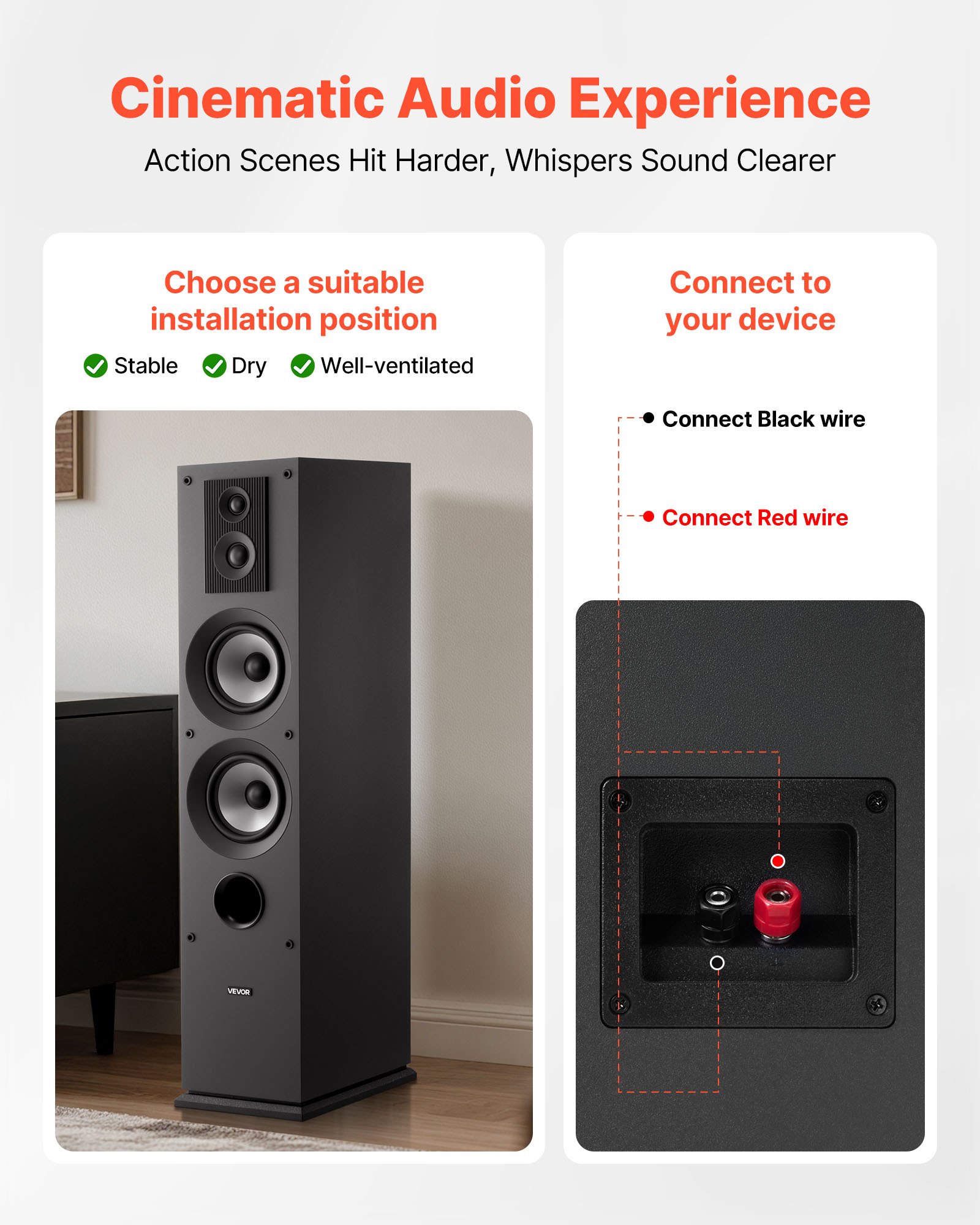 VEVOR Floorstanding Speakers Pair, 3-Way, Floor-Standing Tower Speakers with 0.75 in & 1 in Tweeter, Dual 5.25 in Woofers, 145W Peak Power, 70Hz–20kHz Frequency Response, MDF Enclosure, for Home Audio