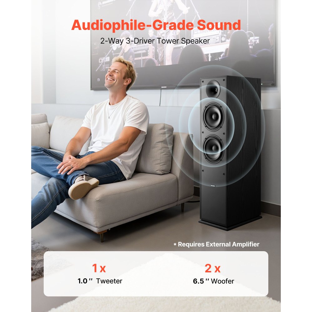 VEVOR Passive Floorstanding Speakers, 2-Way, Floor-Standing Tower Speakers with 25.4 mm Tweeter, Dual 165.1 mm Woofers, 400W Peak, 65Hz–20kHz Frequency Response, Durable MDF Enclosure, for Home Audio, Pair
