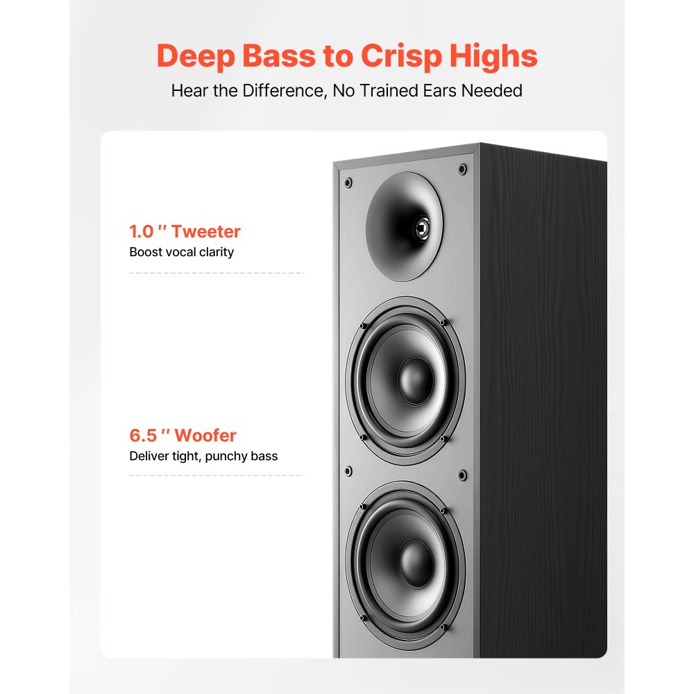 VEVOR Passive Floorstanding Speakers, 2-Way, Floor-Standing Tower Speakers with 25.4 mm Tweeter, Dual 165.1 mm Woofers, 400W Peak, 65Hz–20kHz Frequency Response, Durable MDF Enclosure, for Home Audio, Pair