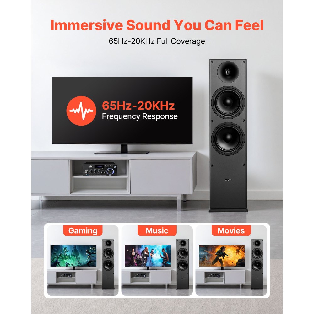 VEVOR Passive Floorstanding Speakers, 2-Way, Floor-Standing Tower Speakers with 25.4 mm Tweeter, Dual 165.1 mm Woofers, 400W Peak, 65Hz–20kHz Frequency Response, Durable MDF Enclosure, for Home Audio, Pair
