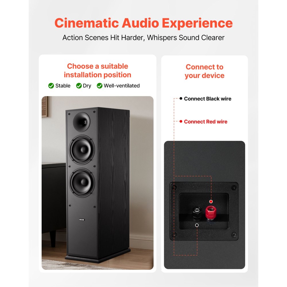 VEVOR Passive Floorstanding Speakers, 2-Way, Floor-Standing Tower Speakers with 25.4 mm Tweeter, Dual 165.1 mm Woofers, 400W Peak, 65Hz–20kHz Frequency Response, Durable MDF Enclosure, for Home Audio, Pair