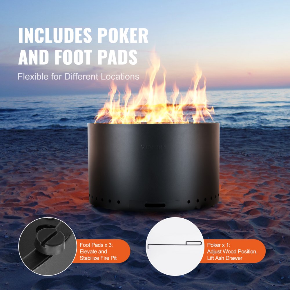 VEVOR Smokeless Fire Pit Stove Bonfire, H: 18 in x Dia: 28 in ,Wood Burning Fireplaces with Removable Ash Pan, SUS430 Stainless Steel inner Portable Outdoor Firepit,for Outdoor Patio Camping, Black