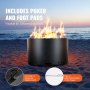 VEVOR smokeless fire pit on beach with flames, includes poker and foot pads for flexibility.