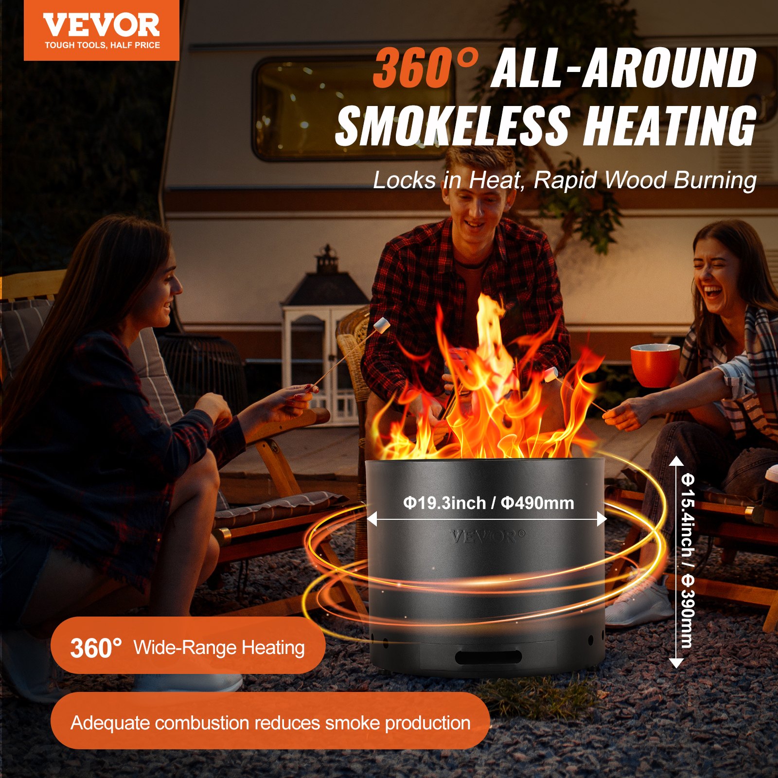 VEVOR Smokeless Fire Pit Stove Bonfire 49 cm Dia Wood Burning Stainless Steel