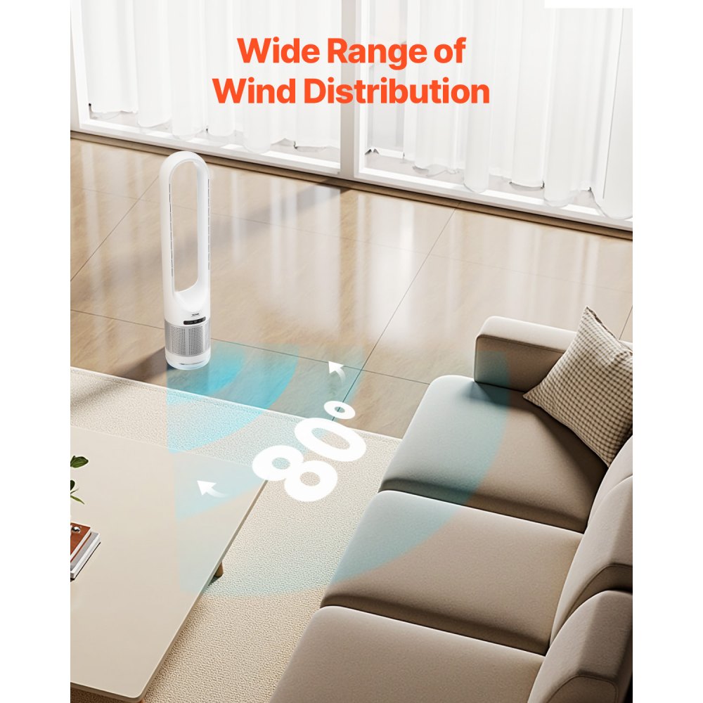VEVOR Tower Fan Bladeless, 15.4ft/s Velocity Floor Fan that Blows Cold Air, 80° Oscillating 8-Speed Fans, 8H Timer, Standing Fans with H13 HEPA Filtration, Remote Control & Air Purification Mode