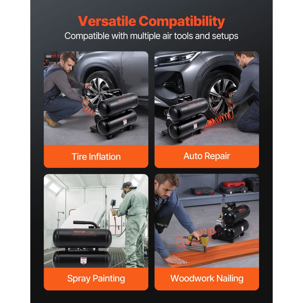 VEVOR Air Compressor, 4.6 Gallon Steel Tank, 1HP 2.0 CFM@90 PSI Oil Free Air Compressor & Max. 120PSI Pressure, 80dB Ultra Quiet Portable Compressor, for Auto Repair, Tire Inflation, Spray Painting