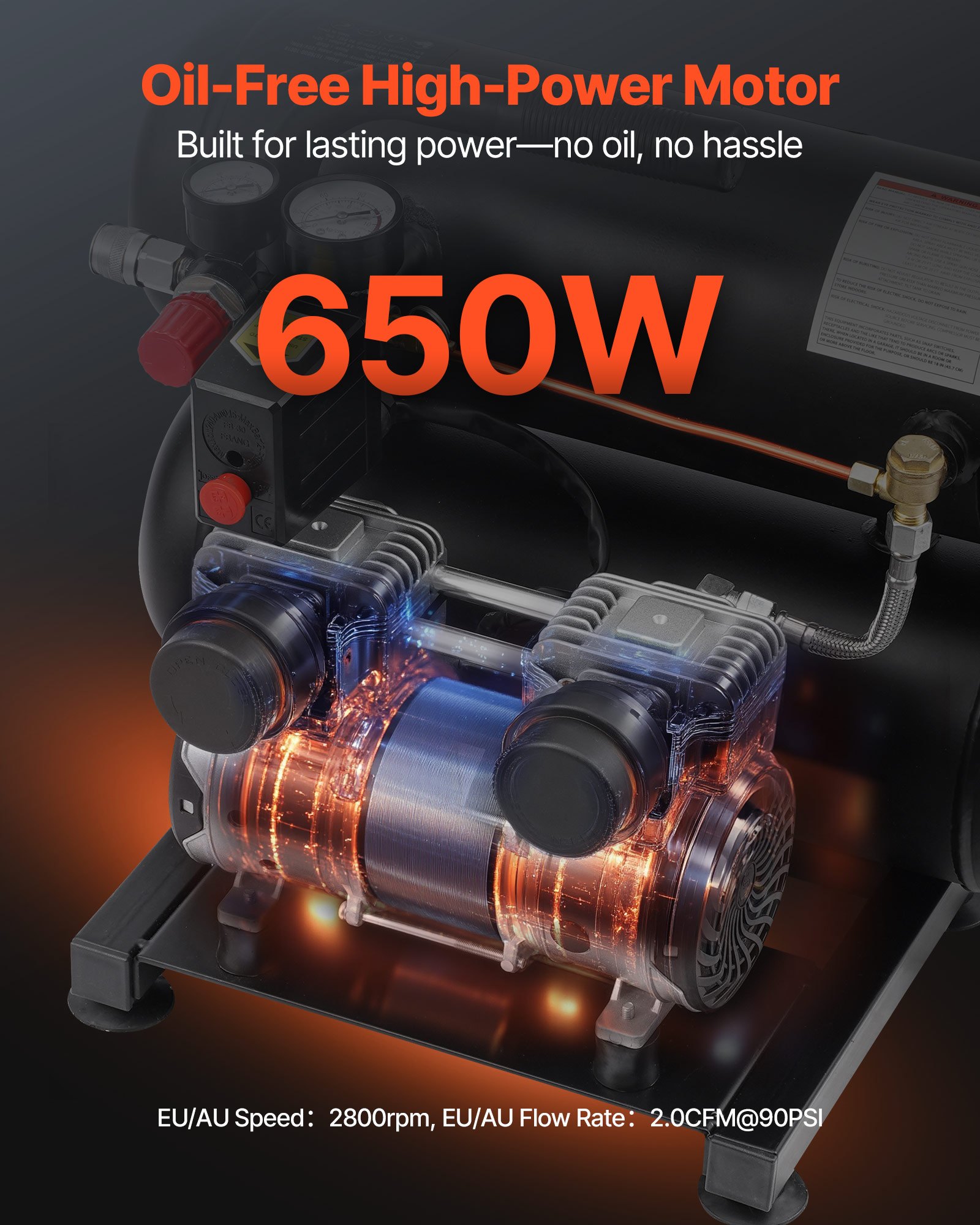 VEVOR Air Compressor, 4.6 Gallon Steel Tank, 1HP 2.0 CFM@90 PSI Oil Free Air Compressor & Max. 120PSI Pressure, 80dB Ultra Quiet Portable Compressor, for Auto Repair, Tire Inflation, Spray Painting