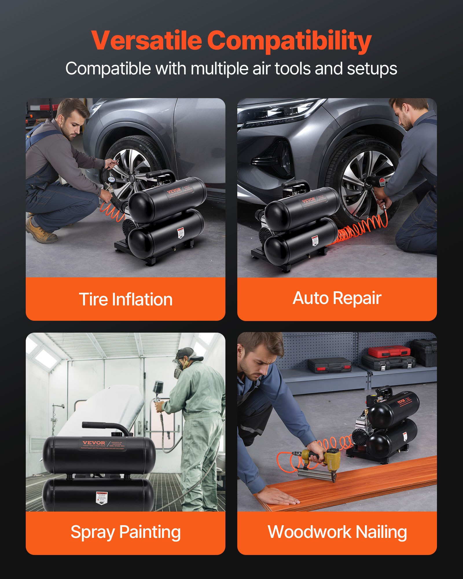 VEVOR Air Compressor, 4.6 Gallon Steel Tank, 1HP 2.0 CFM@90 PSI Oil Free Air Compressor & Max. 120PSI Pressure, 80dB Ultra Quiet Portable Compressor, for Auto Repair, Tire Inflation, Spray Painting