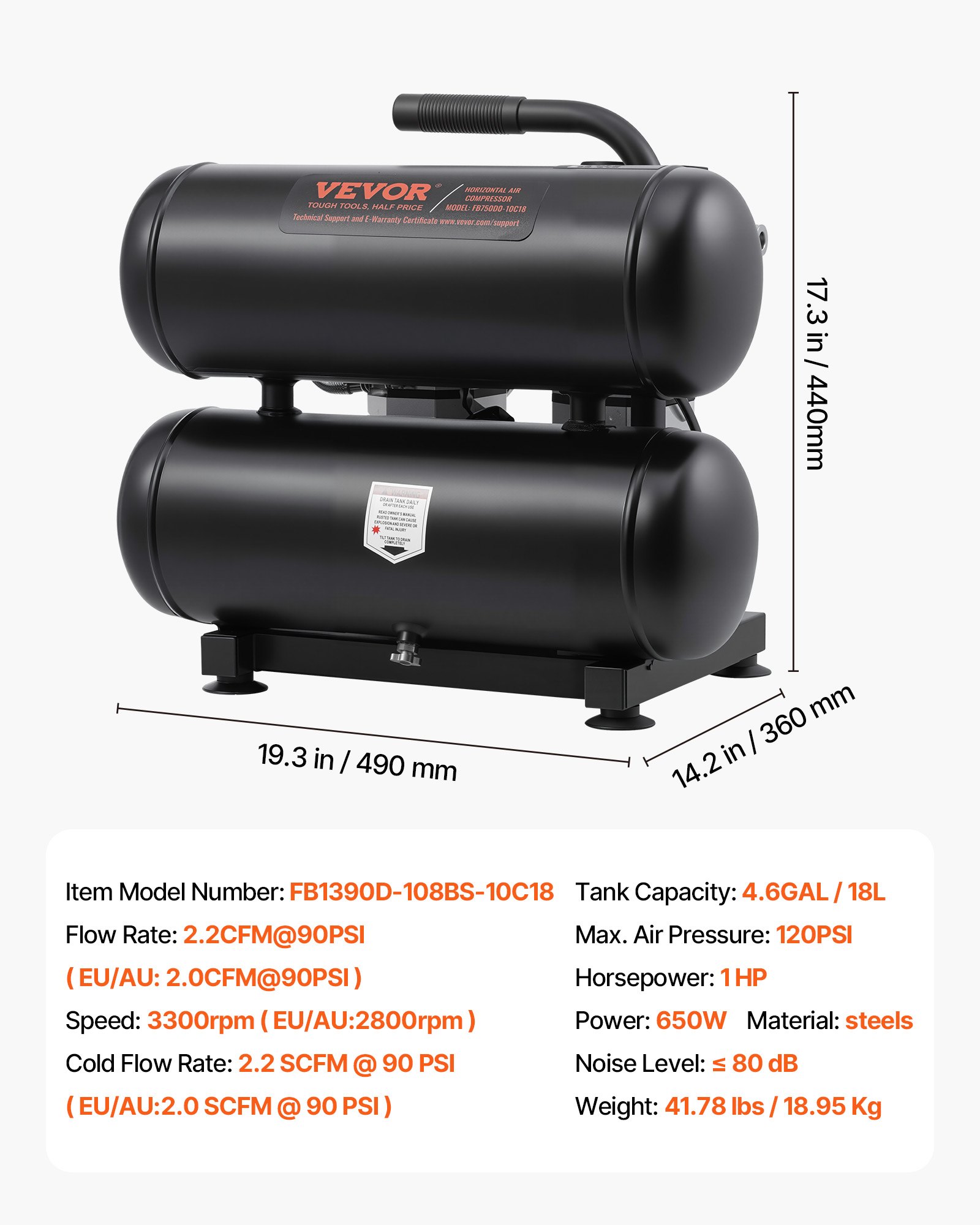 VEVOR Air Compressor, 18L Steel Tank, 1HP 2.0 CFM@90 PSI Oil Free Air Compressor & Max. 120PSI Pressure, 80dB Ultra Quiet Portable Compressor, for Auto Repair, Tire Inflation, Spray Painting