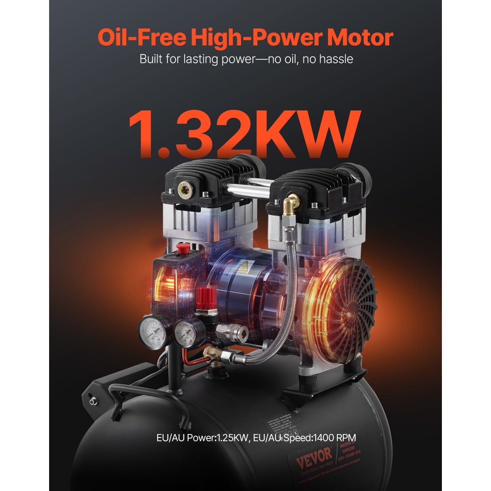 VEVOR Air Compressor, 10 Gallon Steel Tank, 2HP 5.3 CFM@90 PSI Oil Free Air Compressor & Max. 125PSI Pressure, 78dB Ultra Quiet Portable Compressor, for Auto Repair, Tire Inflation, Spray Painting