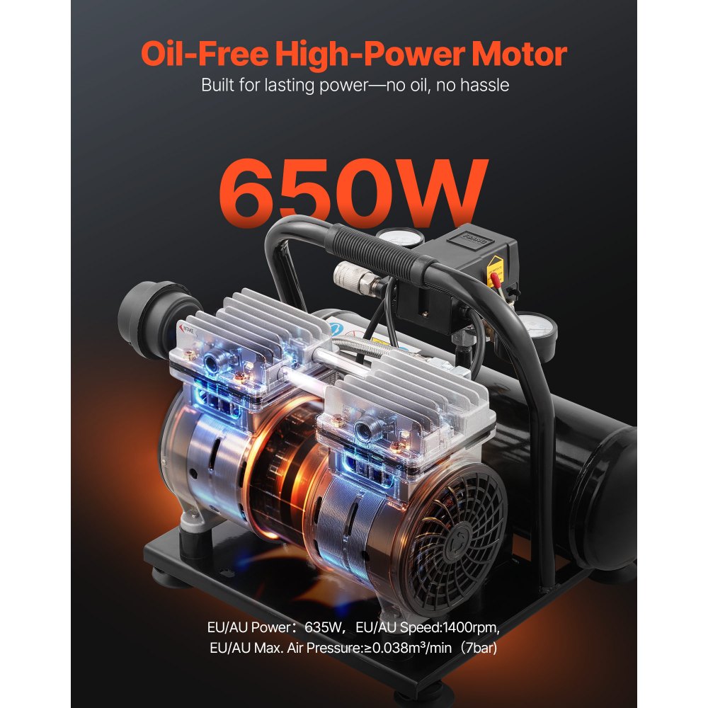 VEVOR Air Compressor, 1 Gallon Steel Tank, 1HP 1.5 CFM 7bar Oil Free Air Compressor & Max. 120PSI Pressure, 68dB Ultra Quiet Portable Compressor, for Auto Repair, Tire Inflation, Spray Painting