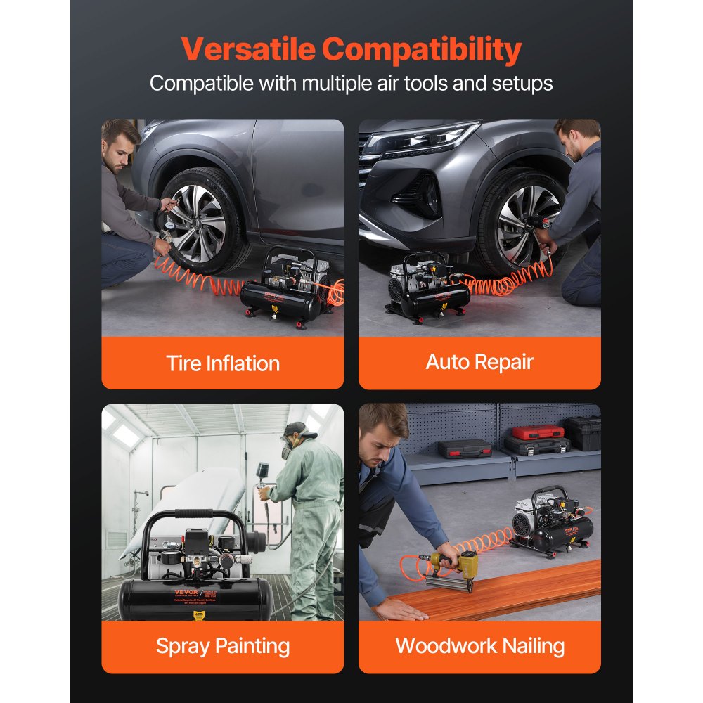 VEVOR Air Compressor, 1 Gallon Steel Tank, 1HP 1.5 CFM 7bar Oil Free Air Compressor & Max. 120PSI Pressure, 68dB Ultra Quiet Portable Compressor, for Auto Repair, Tire Inflation, Spray Painting