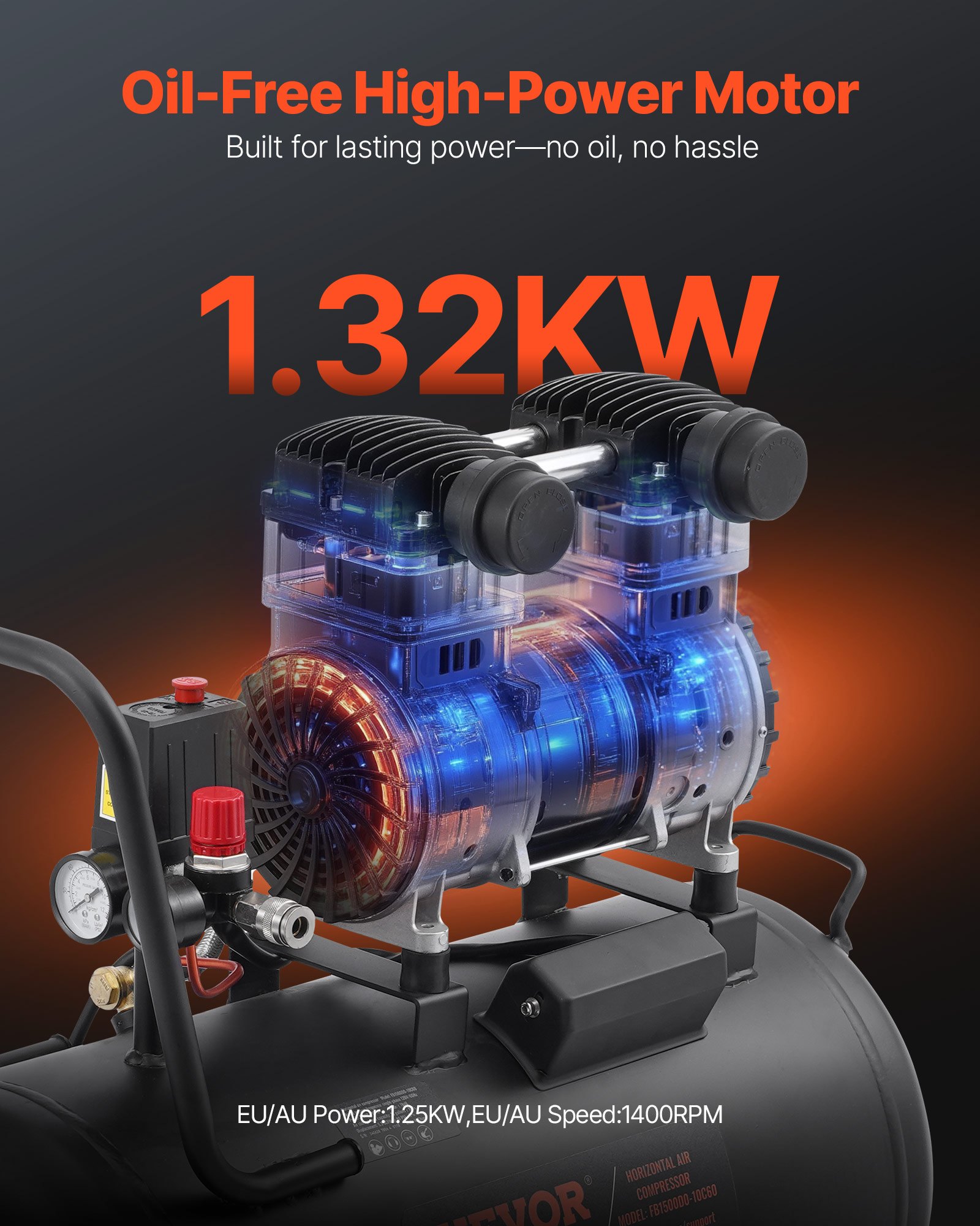 Compresor de aire VEVOR, tanque de acero de 15 galones, 2 HP, 5.3 CFM a 90 PSI, sin aceite, presión máxima de 125 PSI, compresor portátil ultrasilencioso de 78 dB, ideal para reparación de automóviles, inflado de neumáticos y pintura en aerosol.