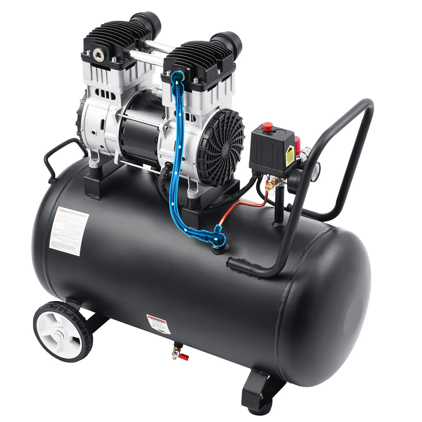 Compresor de aire VEVOR, tanque de acero de 15 galones, 2 HP, 5.3 CFM a 90 PSI, sin aceite, presión máxima de 125 PSI, compresor portátil ultrasilencioso de 78 dB, ideal para reparación de automóviles, inflado de neumáticos y pintura en aerosol.