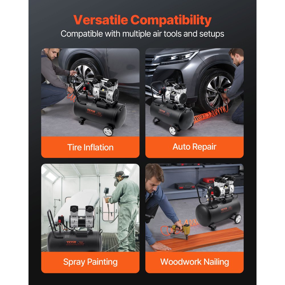 VEVOR Air Compressor, 15 Gallon Steel Tank, 2HP 5.3 CFM@90 PSI Oil Free Air Compressor & Max. 125PSI Pressure, 78dB Ultra Quiet Portable Compressor, for Auto Repair, Tire Inflation, Spray Painting