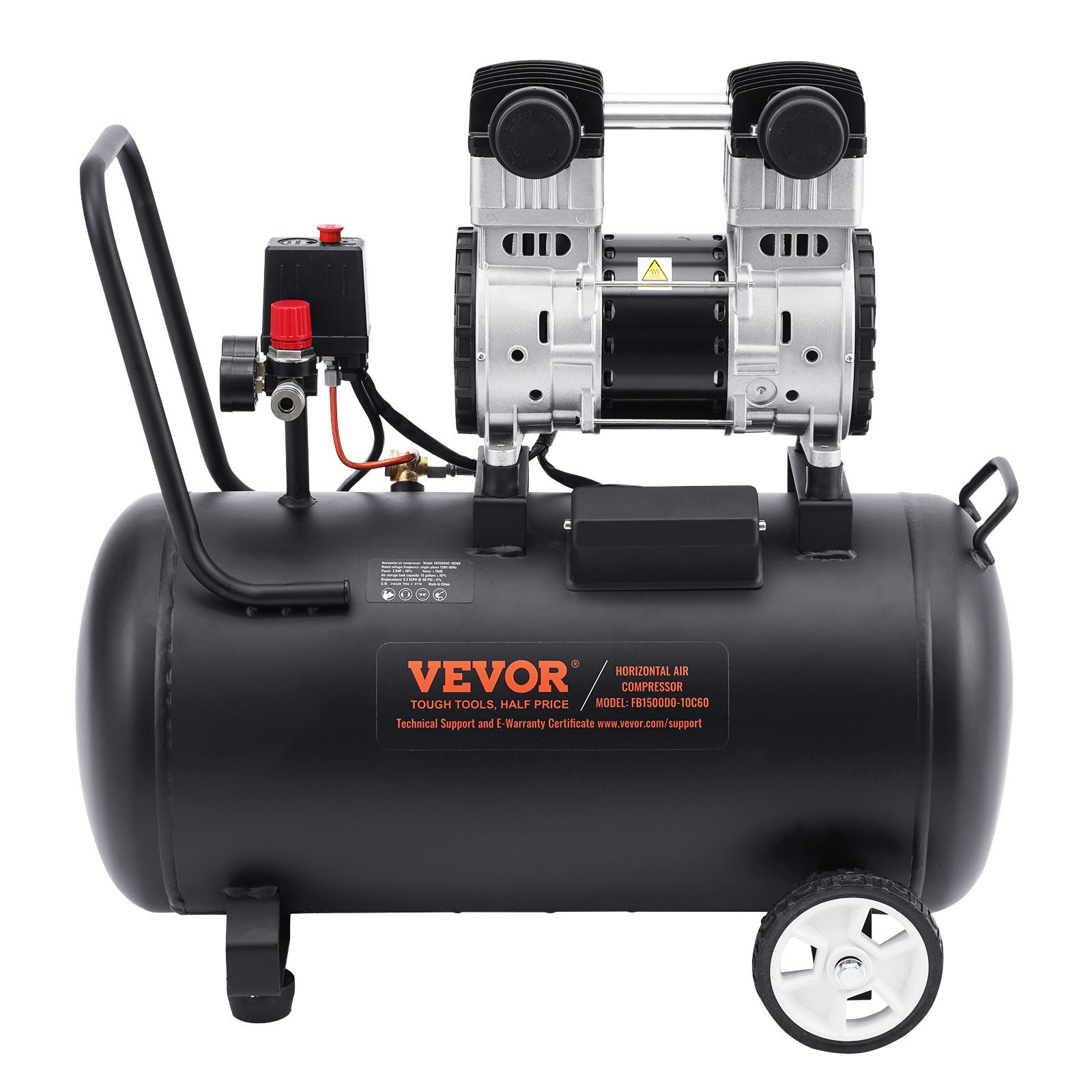VEVOR Air Compressor, 15 Gallon Steel Tank, 2HP 5.3 CFM@90 PSI Oil Free Air Compressor & Max. 125PSI Pressure, 78dB Ultra Quiet Portable Compressor, for Auto Repair, Tire Inflation, Spray Painting