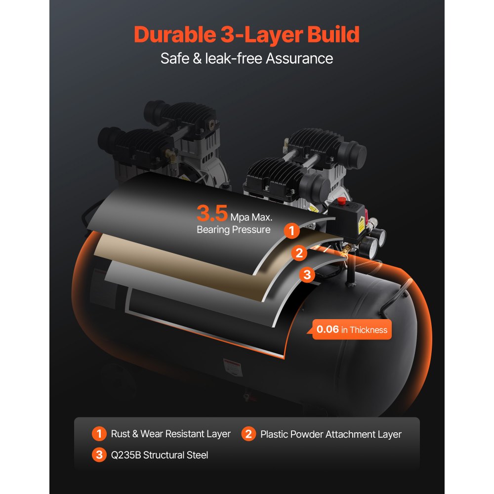 VEVOR Air Compressor, 20 Gallon Steel Tank, 4HP 10.6 CFM@90 PSI Oil Free Air Compressor & Max. 125PSI Pressure, 78dB Ultra Quiet Portable Compressor, for Auto Repair, Tire Inflation, Spray Painting