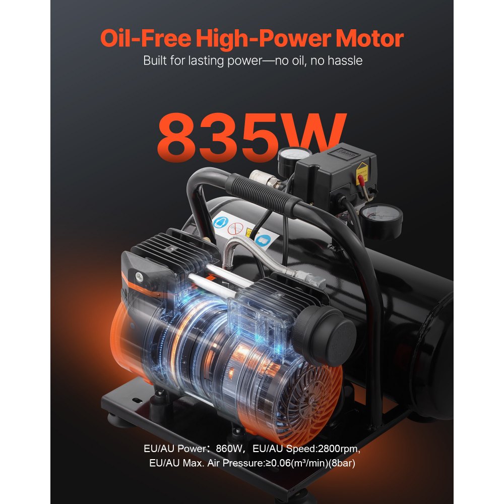 VEVOR Air Compressor, 2 Gallon Steel Tank, 1HP 2.5 CFM 8bar Oil Free Air Compressor & Max. 120PSI Pressure, 81dB Ultra Quiet Portable Compressor, for Auto Repair, Tire Inflation, Spray Painting