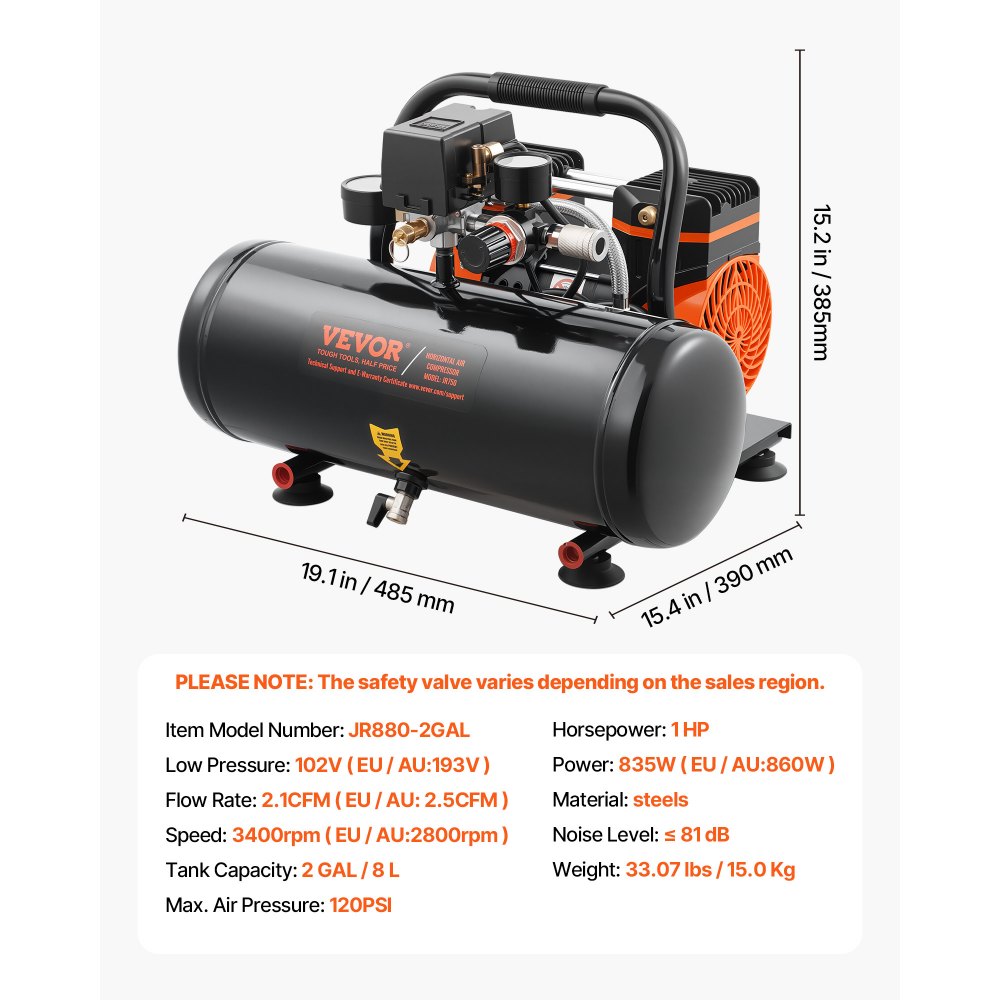 VEVOR Air Compressor, 2 Gallon Steel Tank, 1HP 2.5 CFM 8bar Oil Free Air Compressor & Max. 120PSI Pressure, 81dB Ultra Quiet Portable Compressor, for Auto Repair, Tire Inflation, Spray Painting