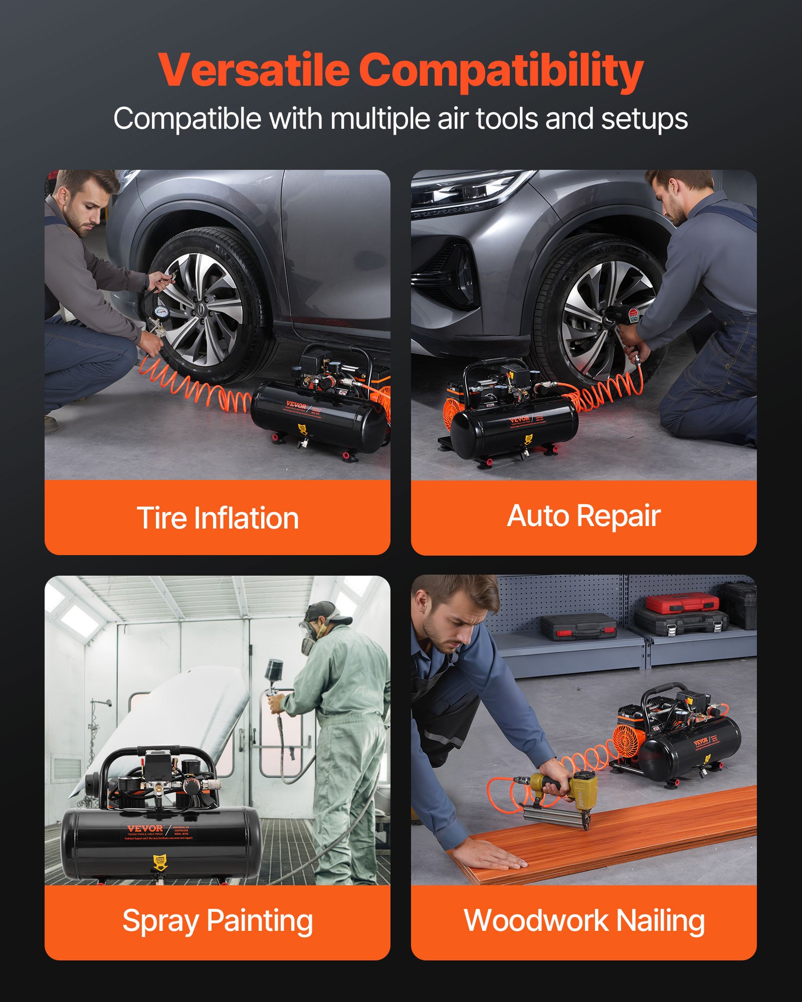 VEVOR Air Compressor, 2 Gallon Steel Tank, 1HP 2.5 CFM 8bar Oil Free Air Compressor & Max. 120PSI Pressure, 81dB Ultra Quiet Portable Compressor, for Auto Repair, Tire Inflation, Spray Painting