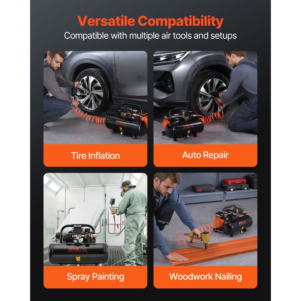 VEVOR Air Compressor, 8L Steel Tank, 1HP 2.5 CFM 8bar Oil Free Air Compressor & Max. 120PSI Pressure, 81dB Ultra Quiet Portable Compressor, for Auto Repair, Tire Inflation, Spray Painting