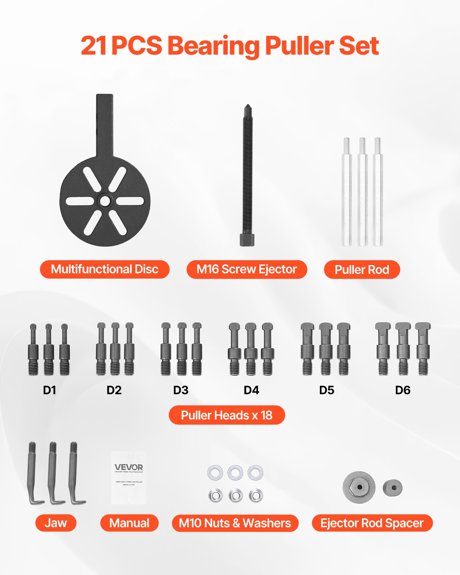 VEVOR 21-in-1 Bearing Puller Set, 21 PCS 3-Jaw Hook Puller for Internal External Bearings and Bearing Without Inner Shaft, Multifunctional Bearing Removal Tool with Heavy Duty Portable Storage Case